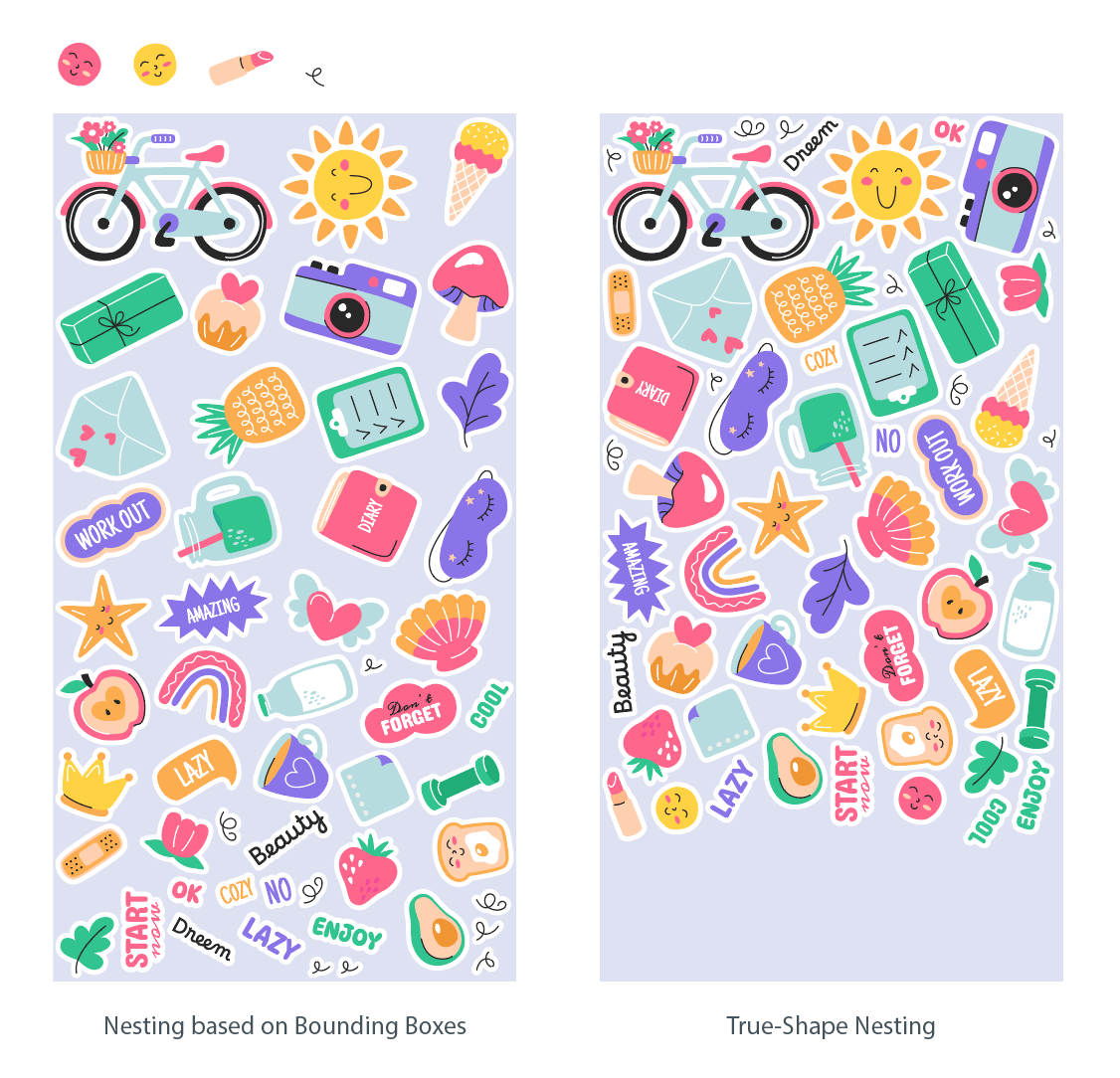 Comparison of a sticker sheet layout in Illustrator. The left image shows arrangement based on bounding boxes with large gaps. The right image shows True-Shape Nesting where irregular shapes fit into each other, leaving more free space at the bottom of the sheet.