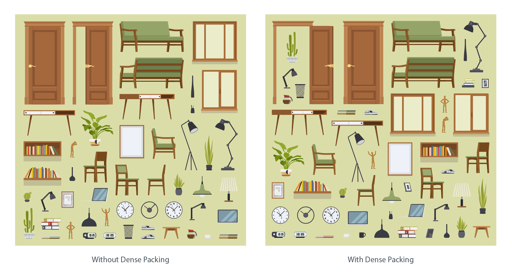 A side-by-side comparison of vector furniture icons in Adobe Illustrator. The left side shows standard arrangement with wasted space, while the right side demonstrates Arrange Master's Dense Packing algorithm interlocking objects tightly.