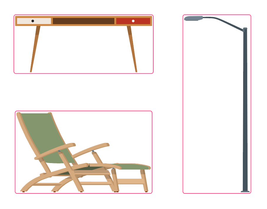 A demonstration of standard rectangular bounding boxes in Adobe Illustrator. Three vector objects—a desk, a lounge chair, and a street lamp—are shown inside pink rectangles, highlighting the large amount of wasted empty space that traditional alignment tools cannot utilize.
