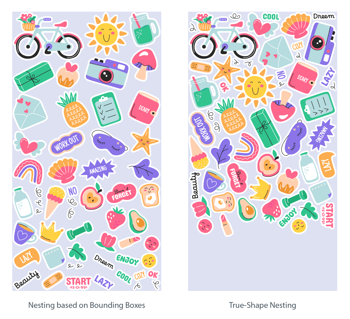 Comparison of a sticker sheet layout in Illustrator. The left image shows arrangement based on bounding boxes with large gaps. The right image shows True-Shape Nesting where irregular shapes fit into each other, leaving more free space at the bottom of the sheet.