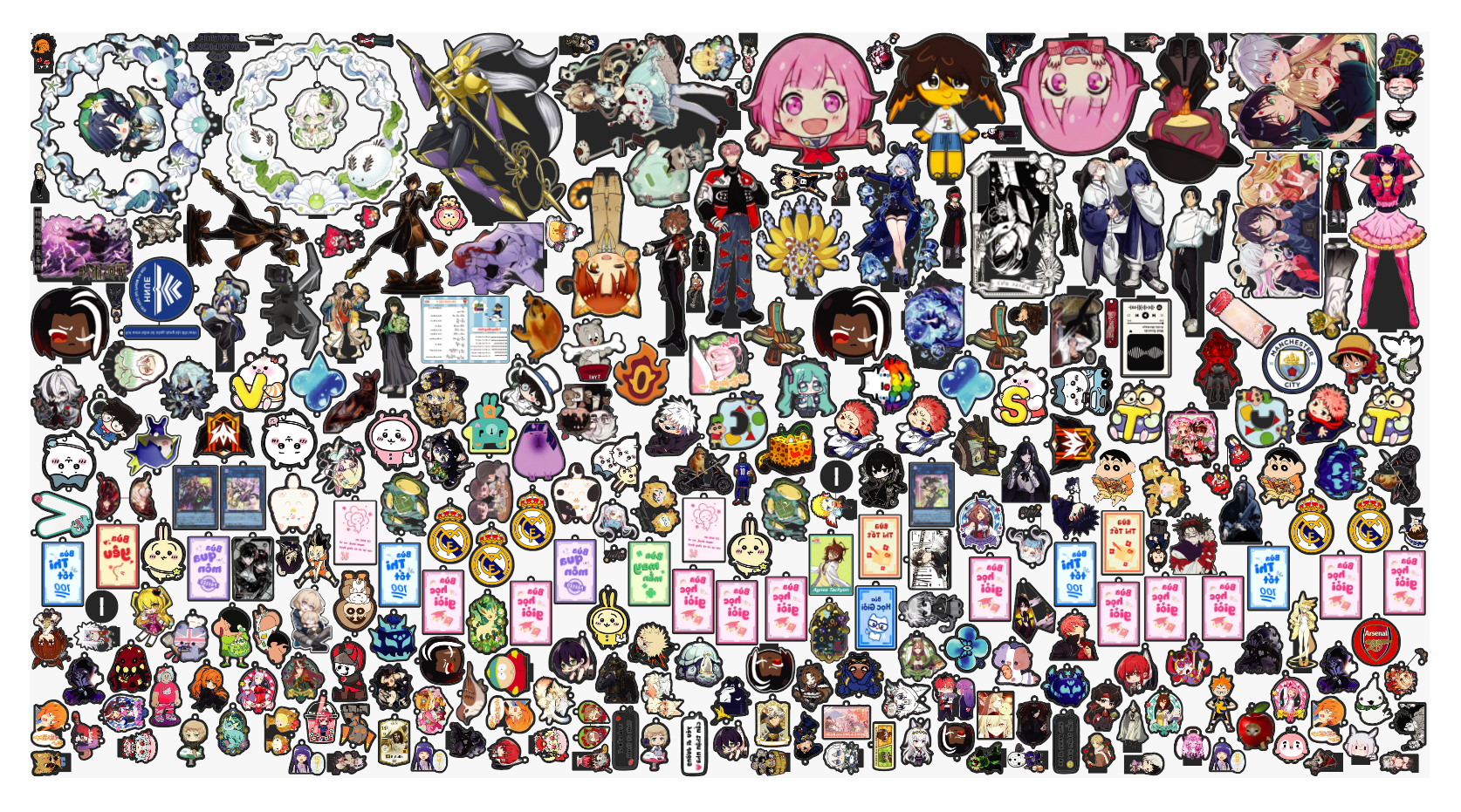 Dense true-shape nesting of colorful sticker graphics on a print sheet created with the Arrange Master plugin.