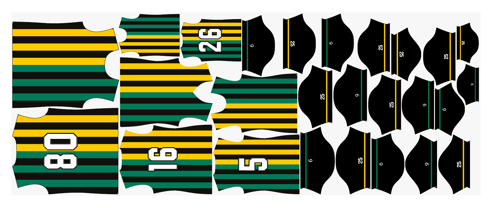 Apparel pattern pieces nested with a 180-degree flip constraint to maintain fabric grainline in Adobe Illustrator.