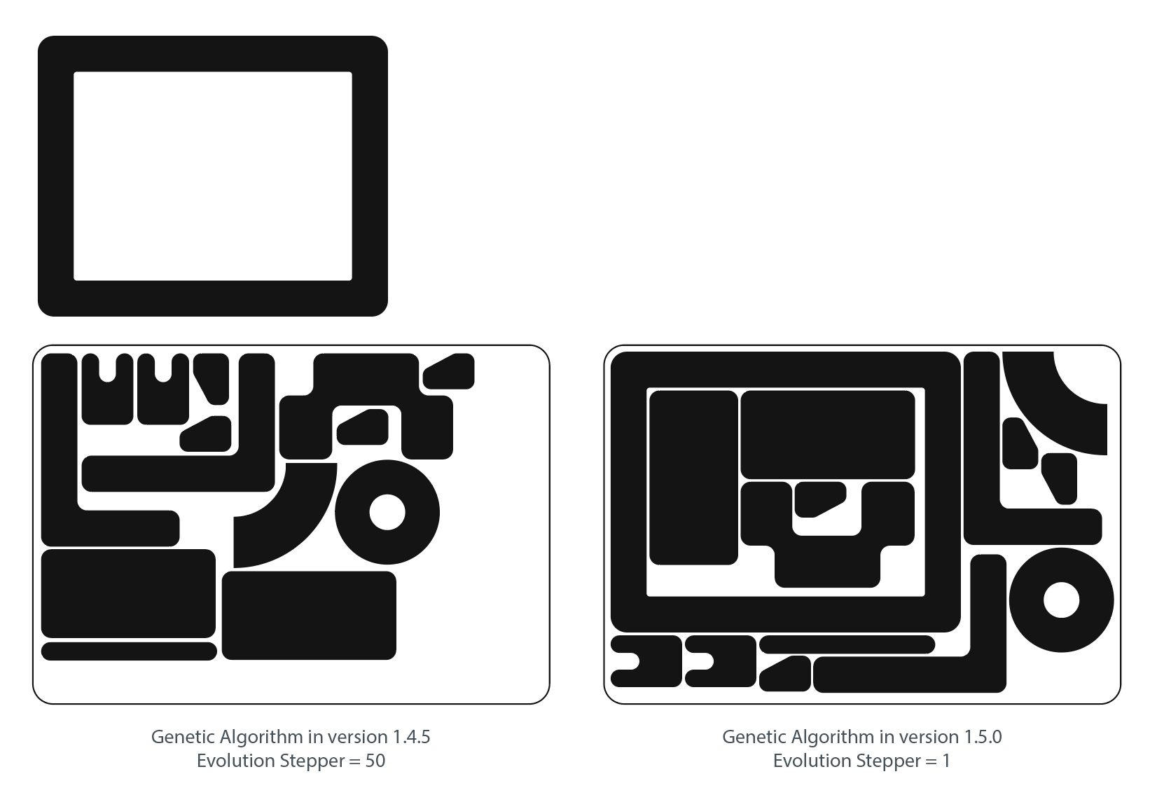 Genetic Algorithm comparison between Arrange Master 1.4.5 at Evolution 50 and version 1.5.0 at Evolution 1