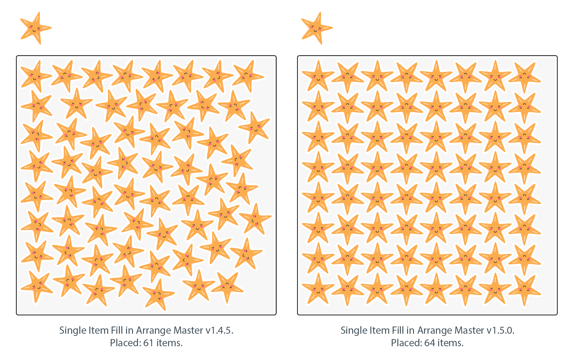 Single Item Fill comparison showing 61 objects in Arrange Master 1.4.5 and 64 objects in version 1.5.0