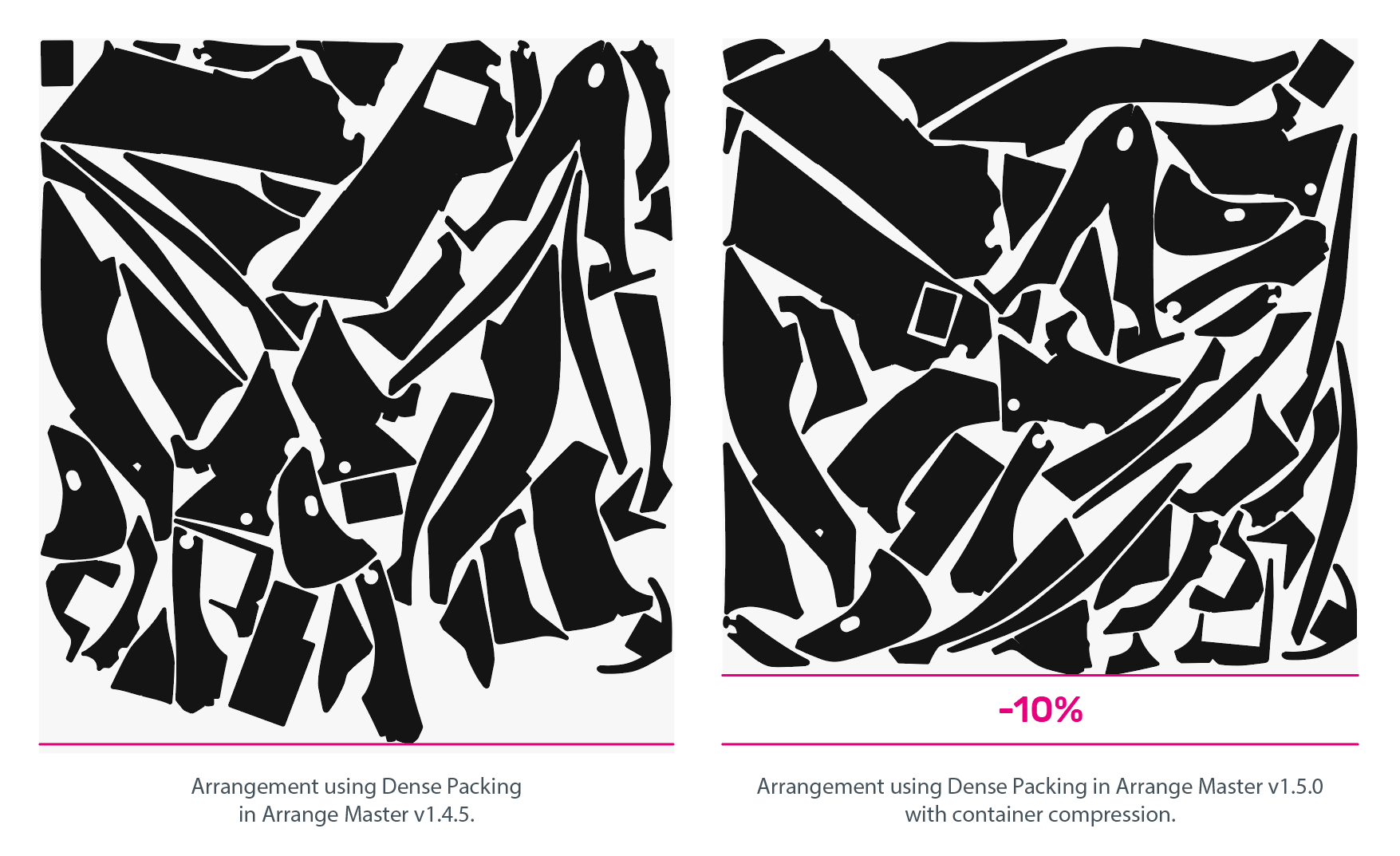 Dense Packing comparison showing 10% less occupied area after container compression in Arrange Master 1.5.0