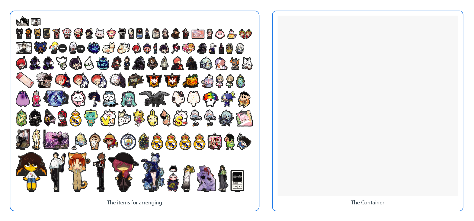 Side-by-side view of disorganized vector sticker items and an empty rectangular path acting as the boundary container for the nesting algorithm.