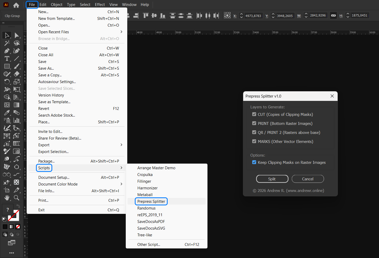 Automated production prep: The Prepress Splitter script redistributes components from nested groups into dedicated CUT, PRINT, and MARKS layers for RIP software compatibility.