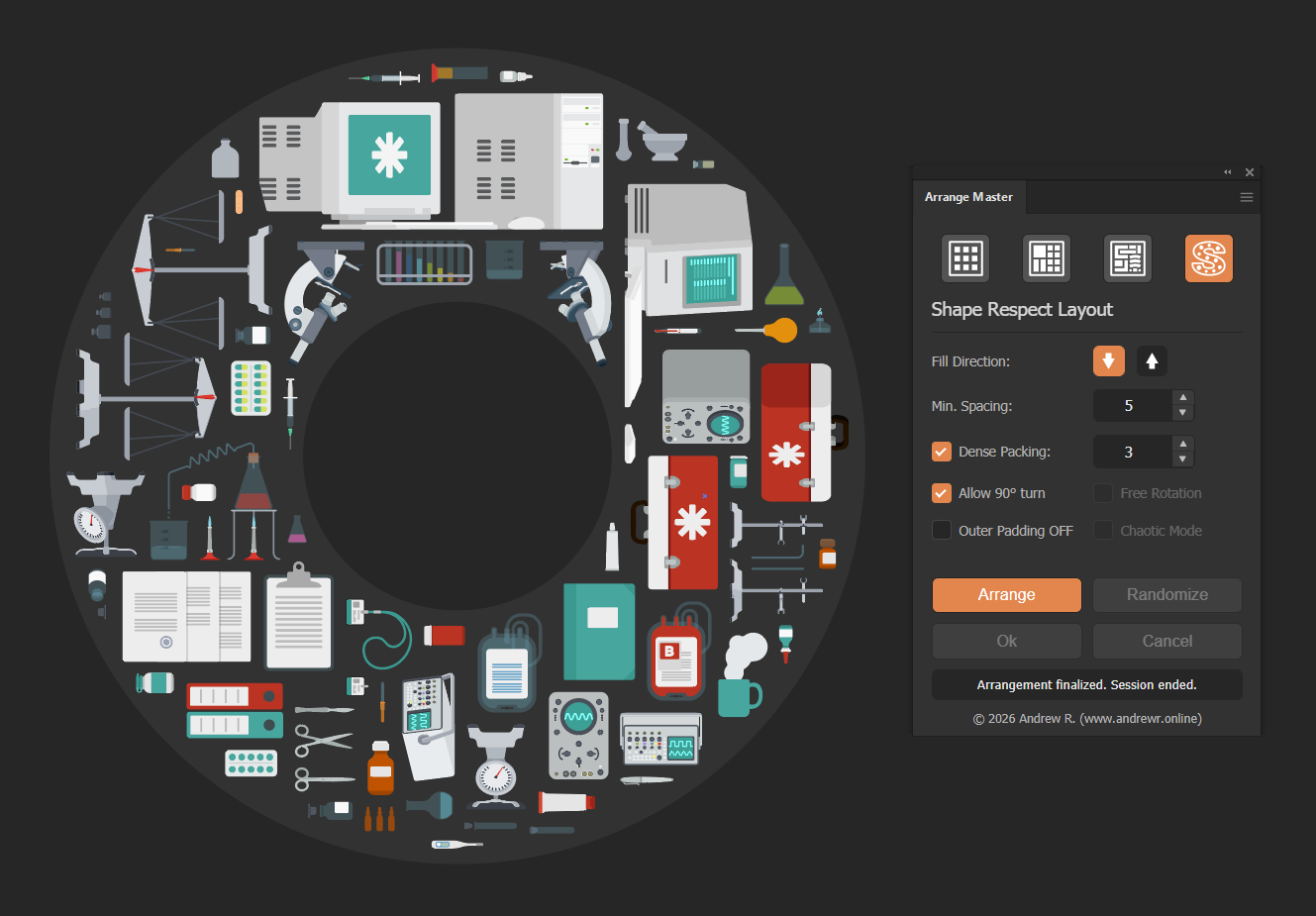 Shape Respect layout using Dense Packing to arrange vector objects around an internal hole