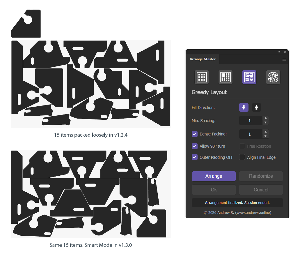 Smart Mode Euclidean nesting algorithm interlocking identical shapes.