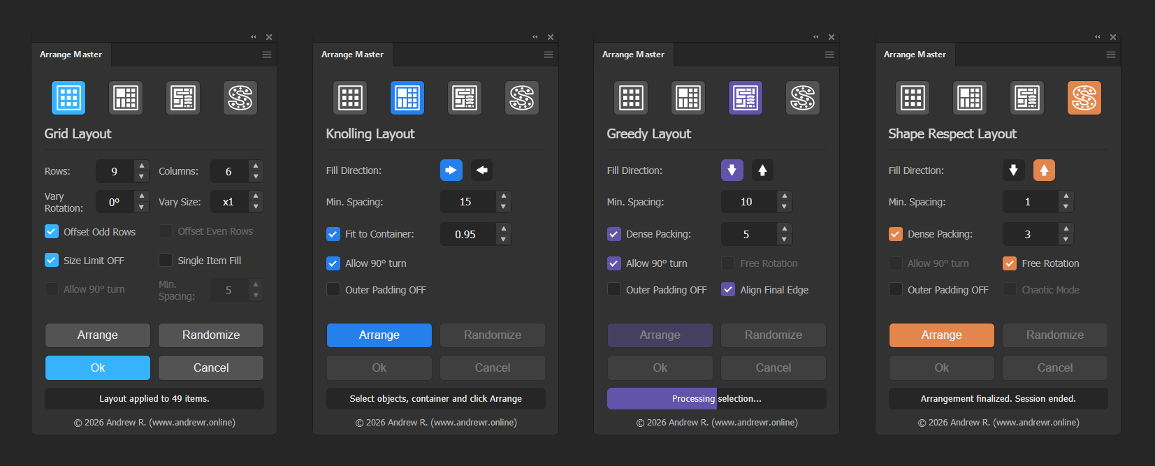 Arrange Master UI color coding for Greedy and Shape Respect layout panels