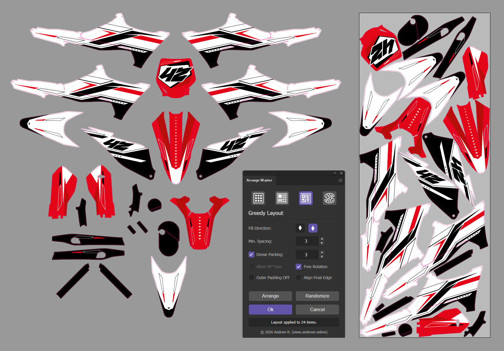 Automated True-Shape nesting of irregular vector objects in Adobe Illustrator.