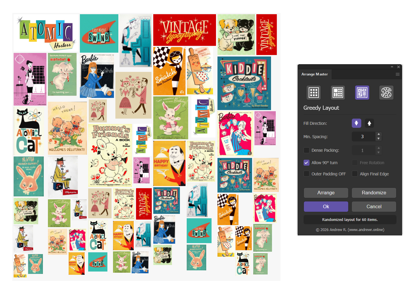 Arranged rectangular cards using Greedy Layout and 90° rotation in Illustrator.