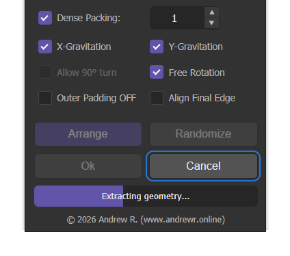The Arrange Master plugin interface showing a live progress bar and an active Cancel button during asynchronous layout processing.
