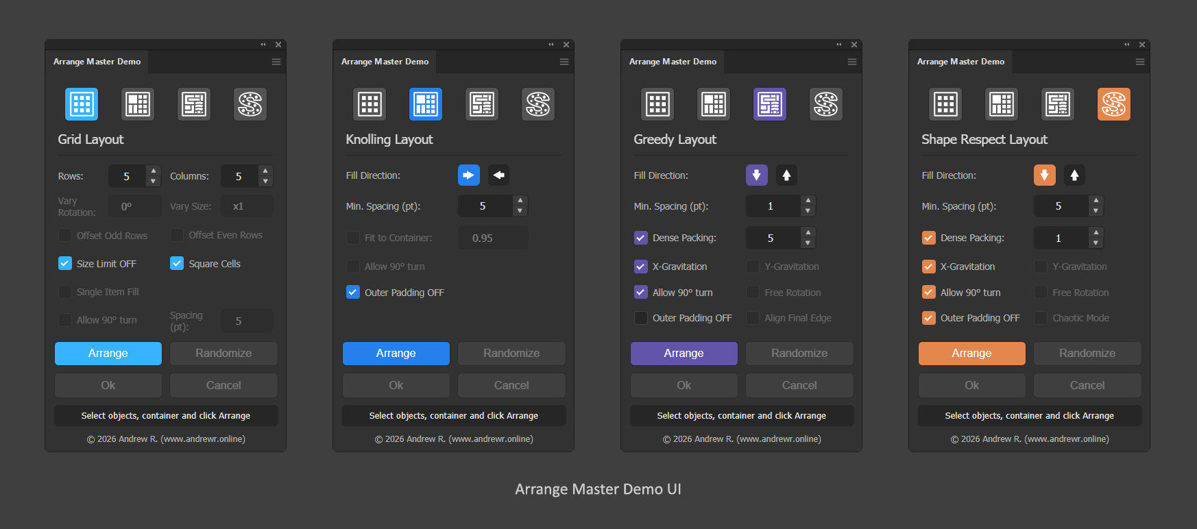 The modern CEP panel interface of the Arrange Master demo version, displaying layout tools and settings inside Adobe Illustrator.