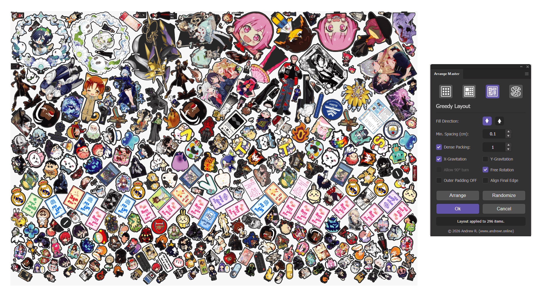 A dense print-ready sticker sheet containing 296 complex objects nested tightly using the Greedy layout engine in Adobe Illustrator.