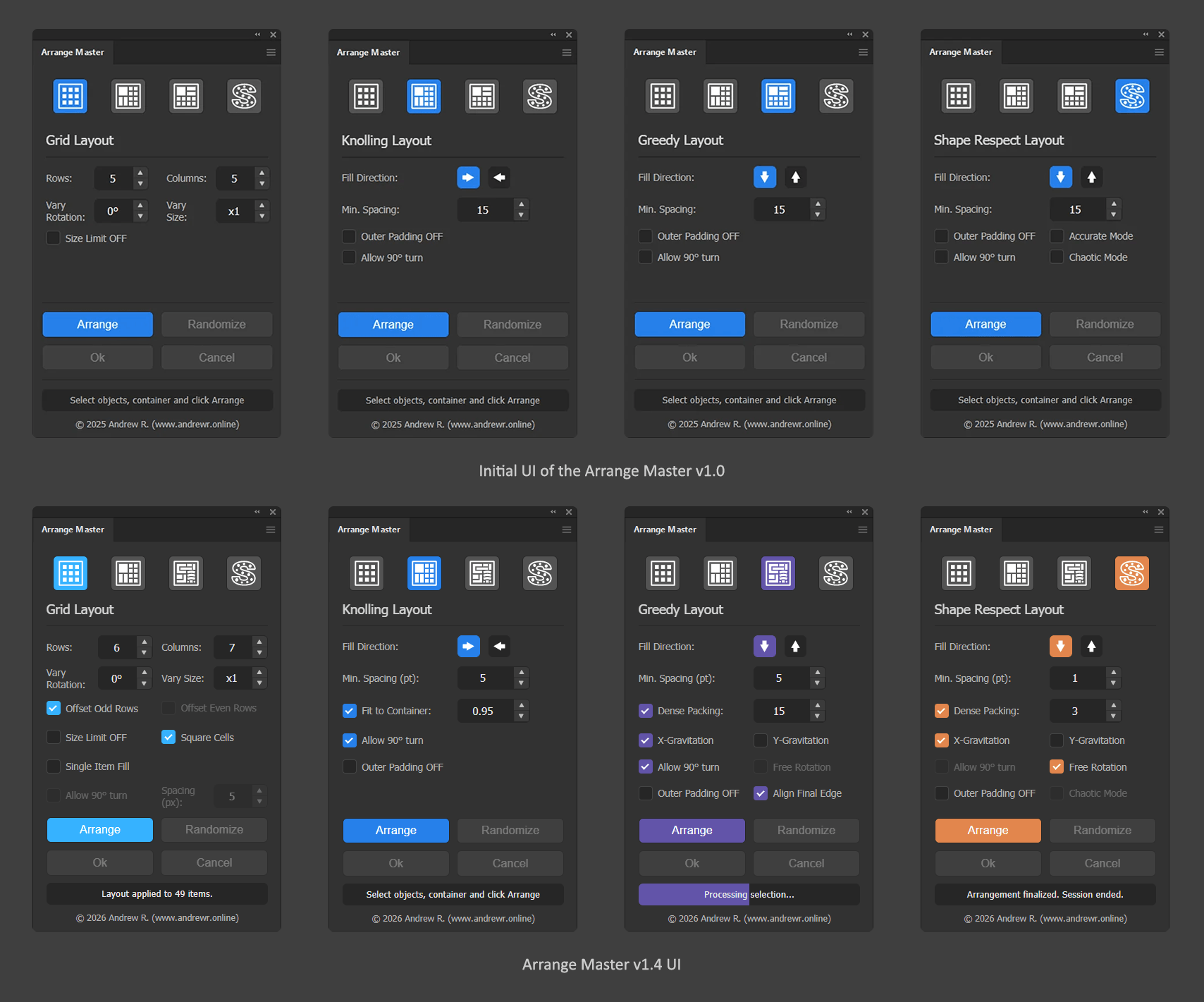 UI comparison showing the Arrange Master Adobe Illustrator plugin interface evolution from version 1.0 to version 1.4, highlighting new vector gravity controls.