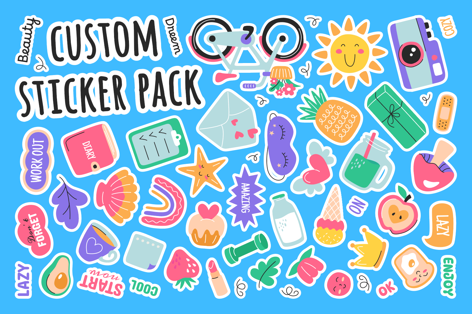 A colorful custom sticker pack layout featuring diverse cartoon illustrations on a blue background.