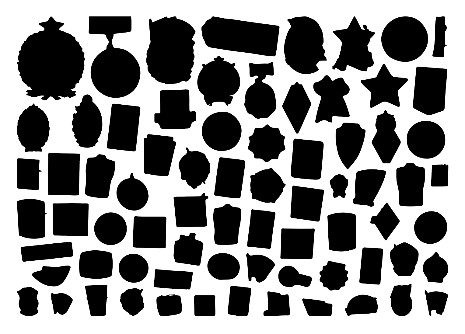 Solid black vector silhouettes of irregular badges densely nested using a vector path analysis algorithm.
