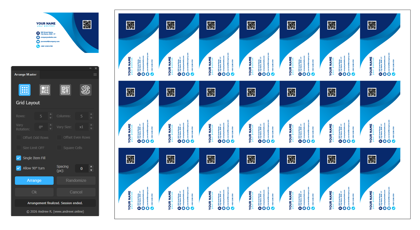 Multiple copies of a corporate business card duplicated to fill an A3 print sheet in a grid using Single Item Fill.
