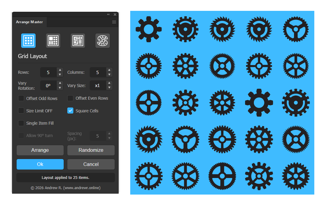 Adobe Illustrator artboard displaying 25 vector gear icons arranged in a precise square-cell grid using the Arrange Master plugin.