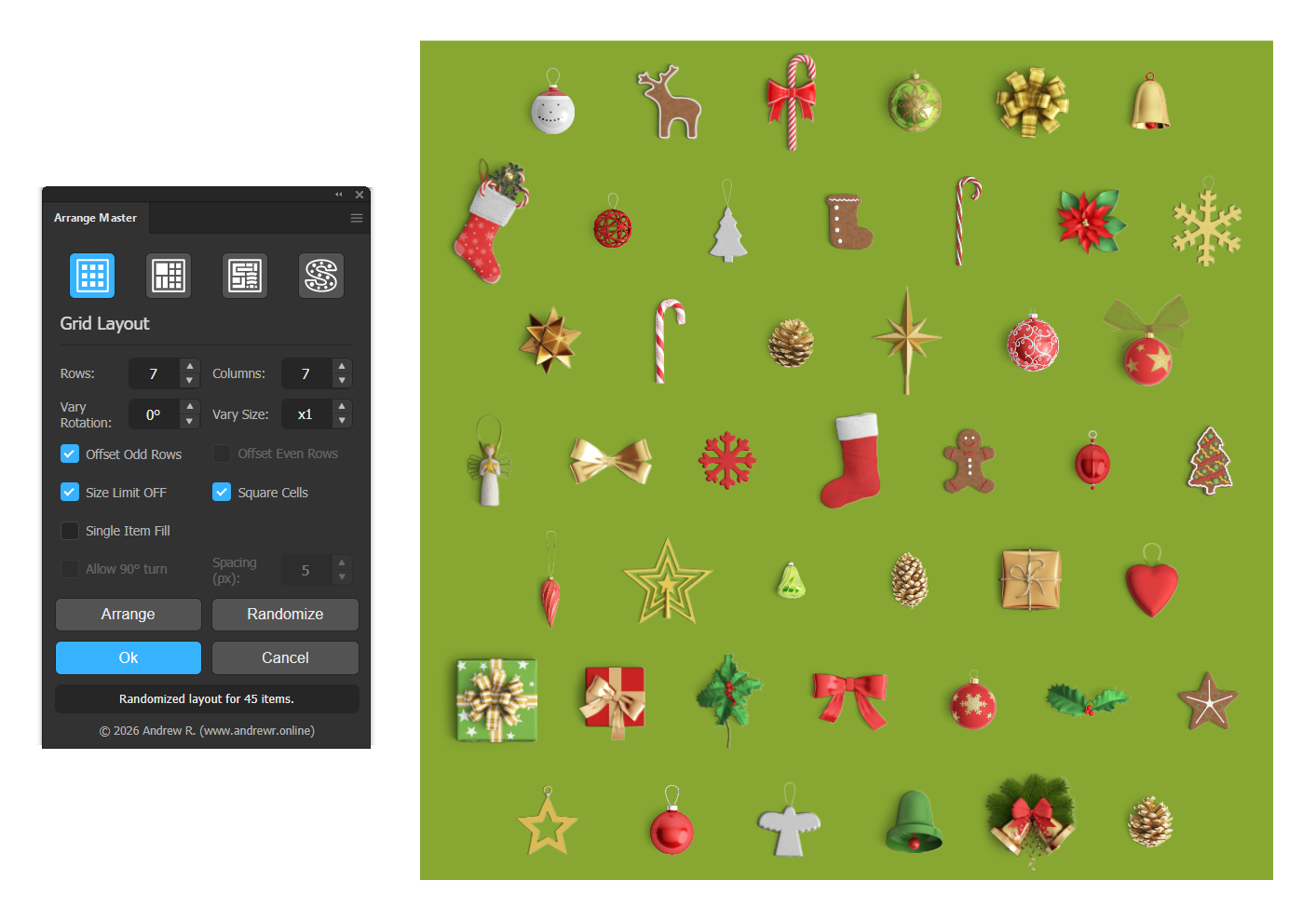 Staggered grid layout of 3D Christmas assets on a green background, automated by the Arrange Master CEP plugin in Adobe Illustrator.