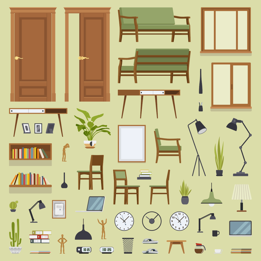 Large microstock bundle of flat vector interior design elements densely packed into a presentation sheet using Arrange Master in Adobe Illustrator.