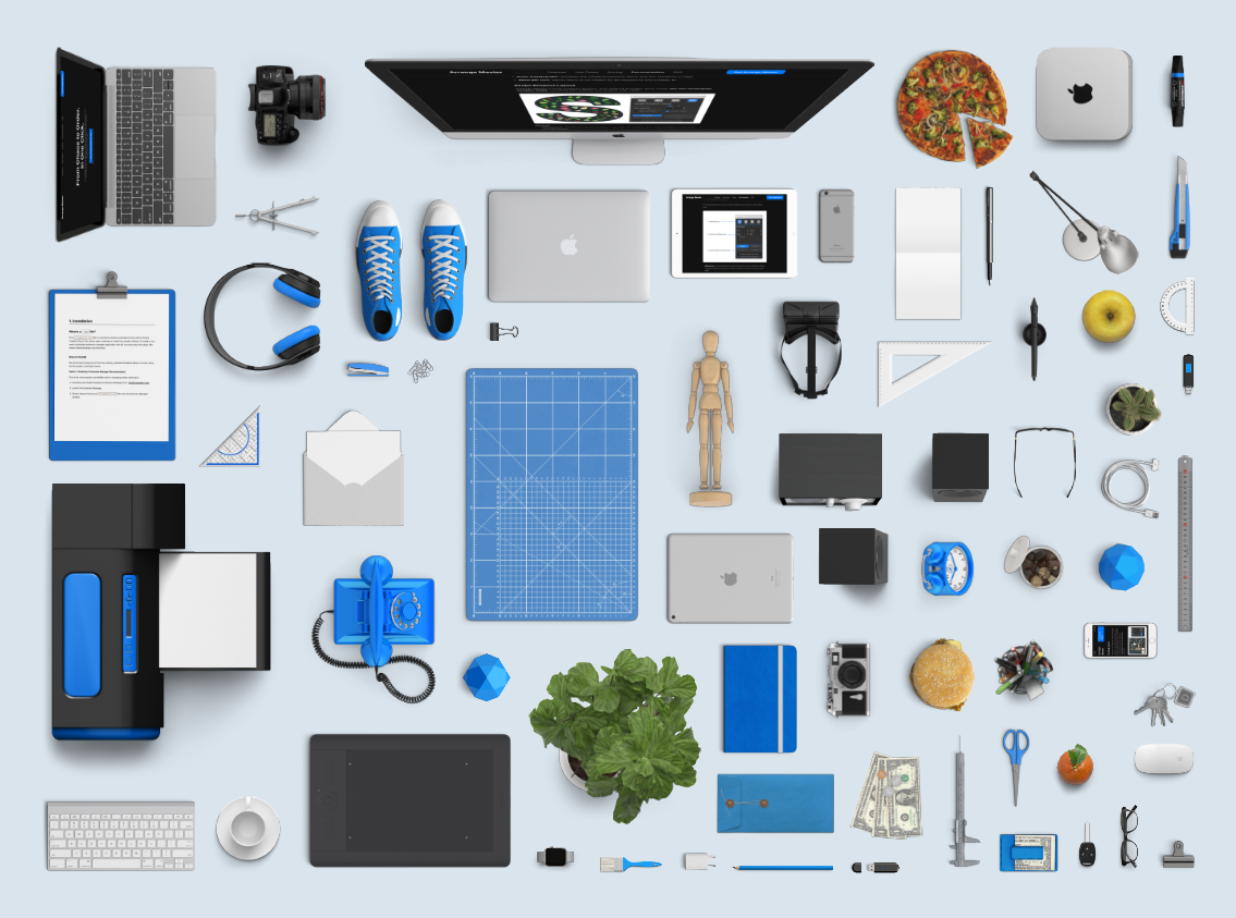 Top-down raster objects and desk items automatically scaled and arranged into a precise knolling presentation sheet using Arrange Master.