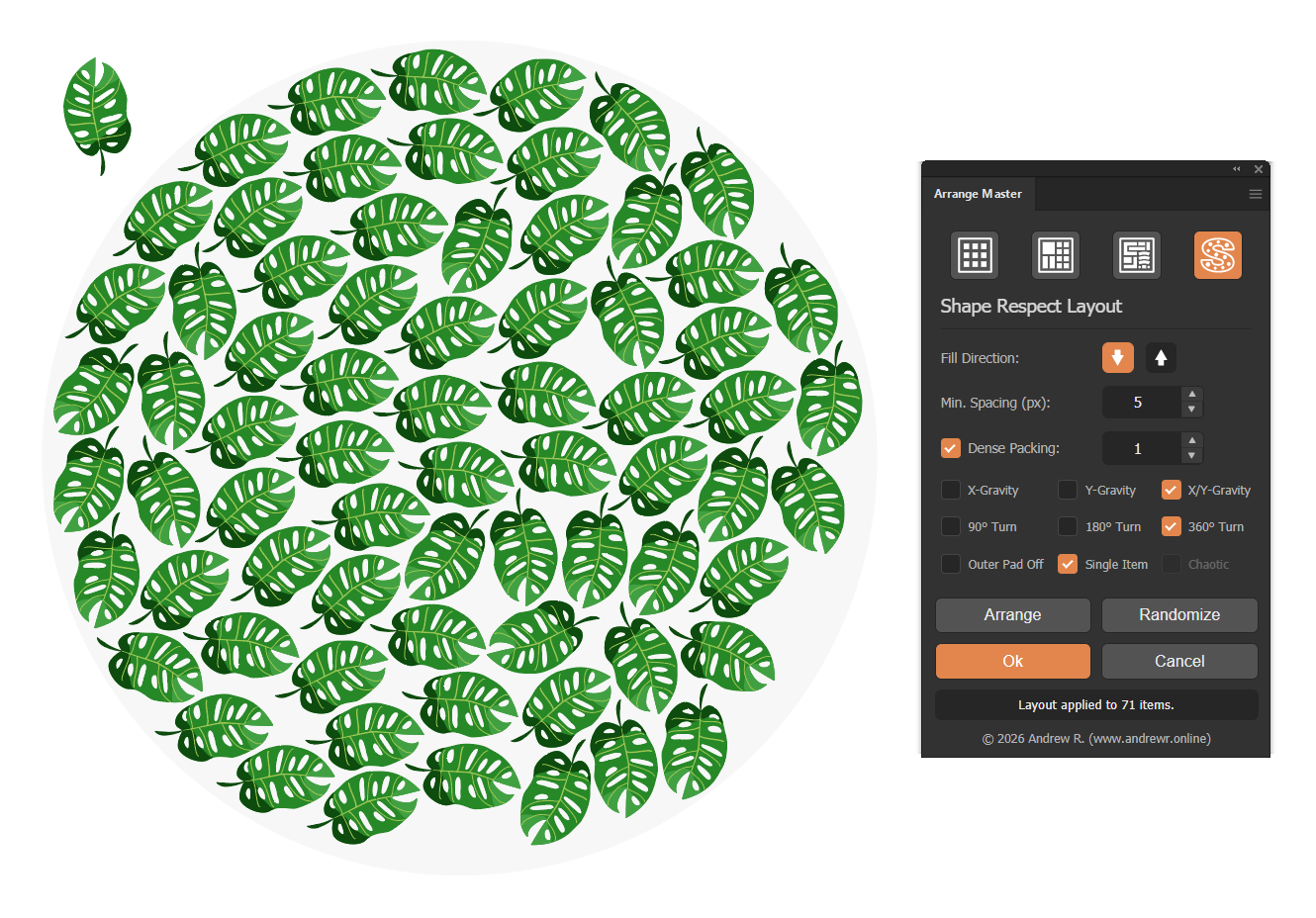 Organic seamless pattern generated by true-shape nesting a single Monstera leaf inside a circular vector container using Arrange Master.