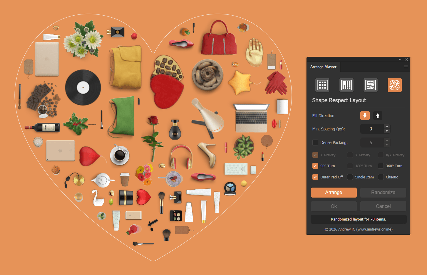 Diverse raster objects neatly packed inside a vector heart shape using the Shape Respect layout in Arrange Master for Adobe Illustrator.